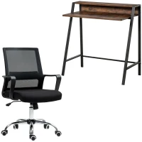Vinsetto Home Office Chair and Computer Desk Set, Mesh Chair with Swivel Wheels, Study Desk with Storage Shelf, Rustic Brown and Black(m-10)