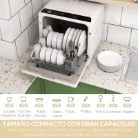 HOMCOM Lavavajillas Pequeño con 5+1 Programas Dos Modos de Suministro de Agua Depósito de Agua de 6L Pantalla LED Blanco(m-4)