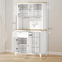 HOMCOM Küchenschrank im Landhausstil, 1 Vitrine, 1 offenes Regal, 1 Schublade, 2 Schränke, Natur + Weiß(m-3)