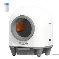 PawHut Bandeja de Arena Autolimpiante para Gatos 1-5 kg con Contenedor de Fragancia y Bolsas, en PP, 55.5x51x58.5 cm, Blanco y Gris(m-1)