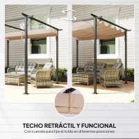 Outsunny Pérgola de Jardín 3x3m Gazebo Cenador para Exterior con Techo Retráctil Tela Poliéster Impermeable y Anti-UV para Patio Terraza Beige(m-5)