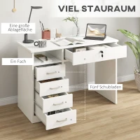 HOMCOM Computertisch Schreibtisch mit 5 Schubladen und Regal Bürotisch mit Schloss großer Arbeitsfläche Weiß 110 x 50 x 76 cm(m-5)