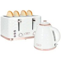 HOMCOM Set Tostadora y Tetera 2 en 1, 7 Niveles de Tostado, Función de Descongelado y Recalentamiento, Blanco crema(m-6)