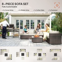 Outsunny 8 Piece Rattan Corner Sofa Set with Wide & Deep Seat, Assembled Aluminium PE Rattan Garden Furniture Set with Thick Cushions and Glass Top Table for Outdoor, Conservatory, Mixed Brown(m-6)