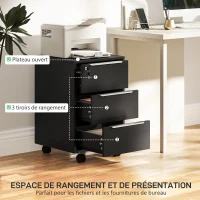 HOMCOM Caisson de bureau à roulettes avec 3 tiroirs et serrure, meuble rangement bureau sur roulettes, 40 x 40 x 63,5 cm, noir(m-4)