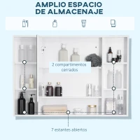 kleankin Armario de Baño de Pared con Espejo Puerta Estantes Abiertos 100x15x70 cm Blanco(m-4)