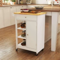 HOMCOM Carrello da Cucina Salvaspazio in MDF con Piano di Lavoro in Legno di Gomma, Cassetto, Armadietto, 3 Mensole, Ripiani Regolabili, Porta Strofinacci e Ruote Girevole, 66x39.5x86.5cm, Bianco(m-2)