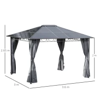 Outsunny 3 x 3.6m Hardtop Gazebo Canopy with Polycarbonate Roof, Permanent Pavilion Garden Gazebo with Curtains for Patio, Deck, Grey(m-3)