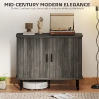 HOMCOM Mid-Century Modern Sideboard Storage Cabinet with Slatted Tambour Sliding Doors, Kitchen Cabinet with Steel Legs, Grey(m-4)