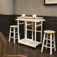 HOMCOM Carrello da Cucina Pieghevole, Mobile da Cucina Salvaspazio con 2 Sgabelli 2 Cassetti 5 Ruote (Rotazione 360°), Legno MDF Bianco(m-2)