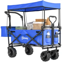Outsunny Folding Trolley Cart Storage Wagon Beach Trailer 4 Wheels with Handle Overhead Canopy Cart Push Pull for Camping, Blue(m-10)