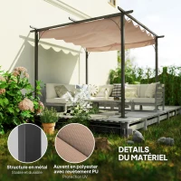 Outsunny Pergola rétractable 3L x 3l x 2,30H m structure métal époxy anticorrosion noire + toile polyester haute densité 180 g/m² incluse beige(m-4)