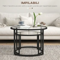 HOMCOM Set 2 Tavolini da Caffè Sovrapponibili in Vetro e Acciaio, Ø70x47.5 cm e Ø54 x 42.5 cm, Nero(m-4)