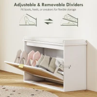 HOMCOM Boho Shoe Bench with Padded Seat and Flip-Drawer - White(m-7)