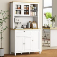 HOMCOM Küchenschrank im Landhausstil, 1 Vitrine, 1 offenes Regal, 1 Schublade, 2 Schränke, Natur + Weiß(m-2)