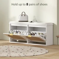 HOMCOM Boho Shoe Bench with Padded Seat and 2 Flip-Drawers - White(m-6)