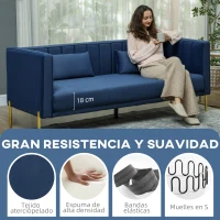 HOMCOM Sofá de 3 Plazas con Tapizado Aterciopelado Estructura Reforzada y Patas Doradas para Salón 194,5x76x76 cm Azul Marino(m-5)