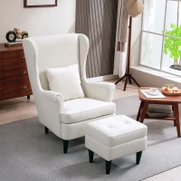 HOMCOM Sillón con Reposapiés Respaldo Alto Capitoné Patas de Madera Almohada Acolchada y Tapizado en Lino Beige(m-2)