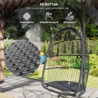 Outsunny Rattan Hanging Egg Chair with Stand, Foldable Wicker Swing Egg Chair with Cushion, Head Pillow, Steel Frame, Hammock Chair for Indoor Outdoor, Capacity 150 kg, Dark Grey(m-5)