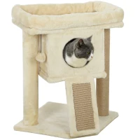 PawHut Albero per Gatti con Base per Graffi in Iuta, Piattaforma, Pallina, Casa per Gatti, Beige, 40 x 40 x 57 cm(m-1)