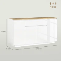 HOMCOM Bufet de Bucătărie cu 3 Dulapuri și 4 Uși cu Îchidere Lină, Mobilier Modern cu Sertar, 140x40x75 cm, Alb(m-3)