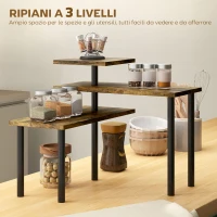 HOMCOM Scaffale Cucina a 3 Livelli Girevoli Salvaspazio in Legno e Acciaio, 40x10x36.5 cm, Marrone Rustico(m-4)