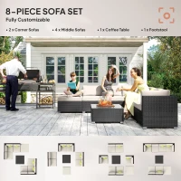 Outsunny 8 Piece Rattan Corner Sofa Set with Wide & Deep Seat, Assembled Aluminium PE Rattan Garden Furniture Set with Thick Cushions and Glass Top Table for Outdoor, Conservatory, Black(m-6)