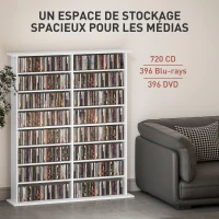 HOMCOM Rangements pour CD et DVD avec 16 compartiments et 12 étagères réglables, capacité max. 720 CD/396 DVD et Blu-ray, blanc(m-4)