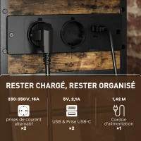 HOMCOM Table d'appoint bout de canapé avec station de charge et sac de rangement, 60 x 29,8 x 58,5 cm, brun rustique(m-4)