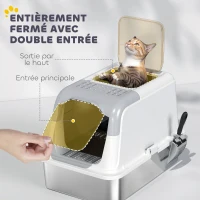 PawHut Maison de toilette pour chat bac à litière fermé bac acier inoxydable, nettoyage facile, 60,4 x 40,4 x 41,8 cm, blanc(m-5)