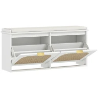 HOMCOM Boho Shoe Bench with Padded Seat and 2 Flip-Drawers - White(m-1)