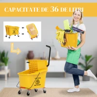 HOMCOM Cărucior de Curățenie Profesional de 36L cu Găleată pentru Mop, Storcător și Mâner, 55x37x65 cm, Galben(m-4)