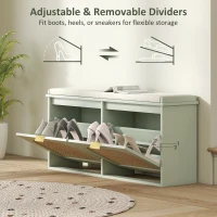 HOMCOM Boho Shoe Bench with Padded Seat and 2 Flip-Drawers - Light Green(m-7)