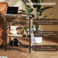 HOMCOM Table d'appoint bout de canapé avec station de charge et sac de rangement, 60 x 29,8 x 58,5 cm, brun rustique(m-5)