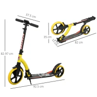 HOMCOM Foldable Kick Scooter with Double Shock Absorption and Big Wheels, Height Adjustable Aluminium Frame Big Wheel Scooter for 14+ Teens Adult - Yellow(m-3)