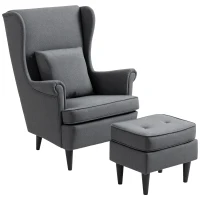 HOMCOM Sillón con Reposapiés Respaldo Alto Capitoné Patas de Madera Almohada Acolchada y Tapizado en Lino Gris(m-1)