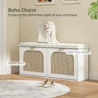 HOMCOM Boho Shoe Bench with Padded Seat and 2 Flip-Drawers - White(m-4)