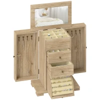 HOMCOM Joyero de Madera de 4 Niveles Joyero Mujer Organizador con 2 Cajones Espejo para Pendientes Anillos Collares Natural(m-10)