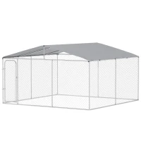 PawHut Canil de Exterior 4x4x2,3 cm com Toldo Anti-UV Recinto para Cães com Porta com Trava e Estrutura de Metal  Prata(m-11)