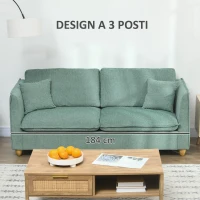 HOMCOM Divano 3 Posti in Tessuto Stile Vintage con Cuscini e Piedini in Legno, 184x77x81cm, Verde(m-4)