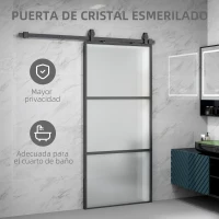 HOMCOM Puerta Corredera de Cristal con Herrajes Mecanismo Cierre Suave para Baño Salón 91,4x203,2 cm Negro(m-5)