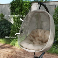 Outsunny Hanging Egg Chair, Folding Texteline Swing Hammock with Side Pocket, Cushion and Stand for Indoor Outdoor, Patio Garden Furniture, Khaki(m-7)