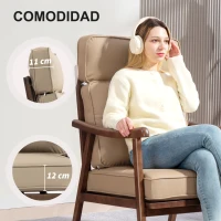 HOMCOM Sillón de Salón Tapizado en PU con Marco de Madera Cojines Acolchados Gruesos Caqui y Madera Nogal(m-6)