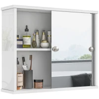 kleankin Armario con Espejo de Pared con Estante Ajustable y Puerta Corredera Doble para Lavabo 55x15x45 cm Blanco Brillante(m-10)