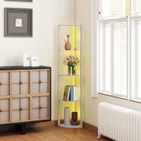 HOMCOM RGB LED Floor Lamp with Shelves, 5-Tier Dimmable Standing Lamp with Adjustable Brightness and Remote Control, Modern Corner Display Shelf Unit for Living Room Bedroom Office, Grey(m-7)