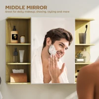 HOMCOM Bathroom Mirror Cabinet with Open Storage Shelves - Natural Wood Finish(m-4)