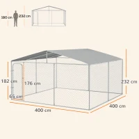 PawHut Canil de Exterior 4x4x2,3 cm com Toldo Anti-UV Recinto para Cães com Porta com Trava e Estrutura de Metal  Prata(m-3)
