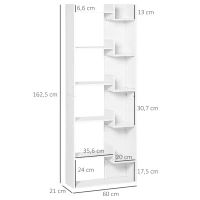 HOMCOM Bücherregal, 6-stufiges Aufbewahrungsregal, unregelmäßiges Design, für Wohnzimmer, Schlafzimmer, Büro, 60x21x162,5 cm, weiß(m-3)