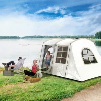 Outsunny 4 Man Tunnel Tent, Family Camping Tent with Porch, Bedroom and Living Area, Sewn in Groundsheet, 3000mm Waterproof, Portable with Bag for Hiking, Festival, Backpacking, Khaki(m-2)