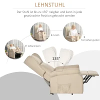 HOMCOM Relaxsessel mit Liegefunktion elektrisch, Seniorensessel mit Aufstehhilfe, , bis 200kg, 72,5x94x109cm, Creme(m-5)